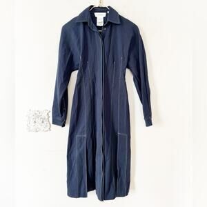 NWT Sportmax MaxMara Navy Blue Topstitch Button front Long Sleeve Shirt Dress 0
